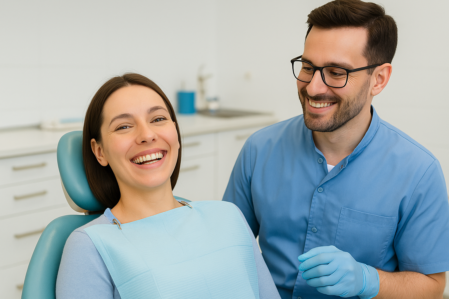 A young woman smiling in a dental chair while a friendly dentist stands beside her in a modern, bright dental clinic.